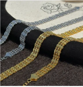 S999 fine silver three-row rhombus woven bracelets in silver and gold tone laid side-by-side, medieval vintage women stacking hand jewelry