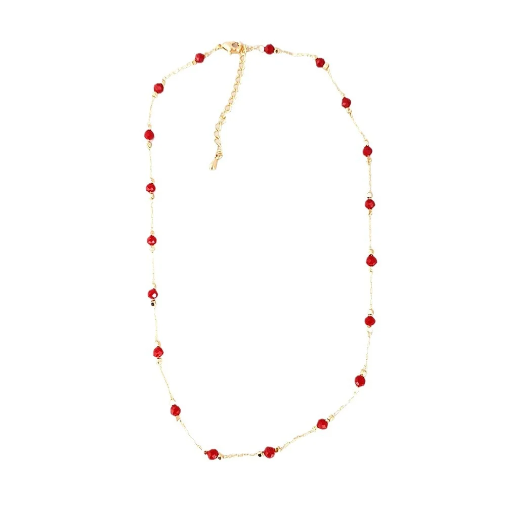 Product specification graphic for red agate station necklace showing size and material details