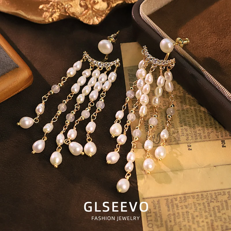 Natural pearl cubic zirconia tassel long dangle earrings vintage luxury women party wedding ear jewelry
