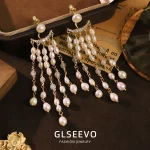 Gold tone long pearl tassel dangle earrings zircon embellished vintage women statement earrings