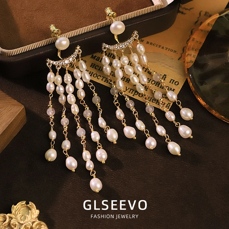 Gold tone long pearl tassel dangle earrings zircon embellished vintage women statement earrings