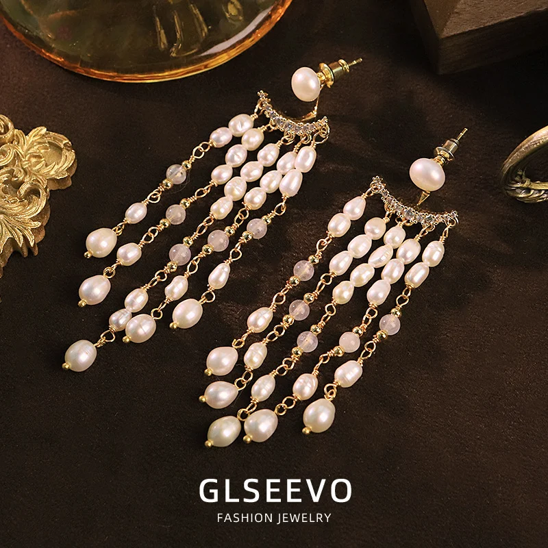 Vintage natural pearl zircon long tassel drop earrings gold tone women formal party ear ornaments