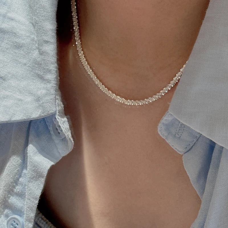 Sparkle crushed bead S925 sterling silver Y lariat necklace worn as short collarbone chain with light linen shirt, daily casual style