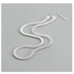Full flat lay of S925 sterling silver flat snake chain necklace, showing lobster clasp and extension chain