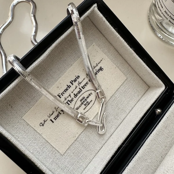 S925 sterling silver flat snake chain necklace placed inside black jewelry gift box, S hook clasp closeup