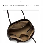 Inner structure of women brown leather tote bag, large main compartment with inner zipper pocket
