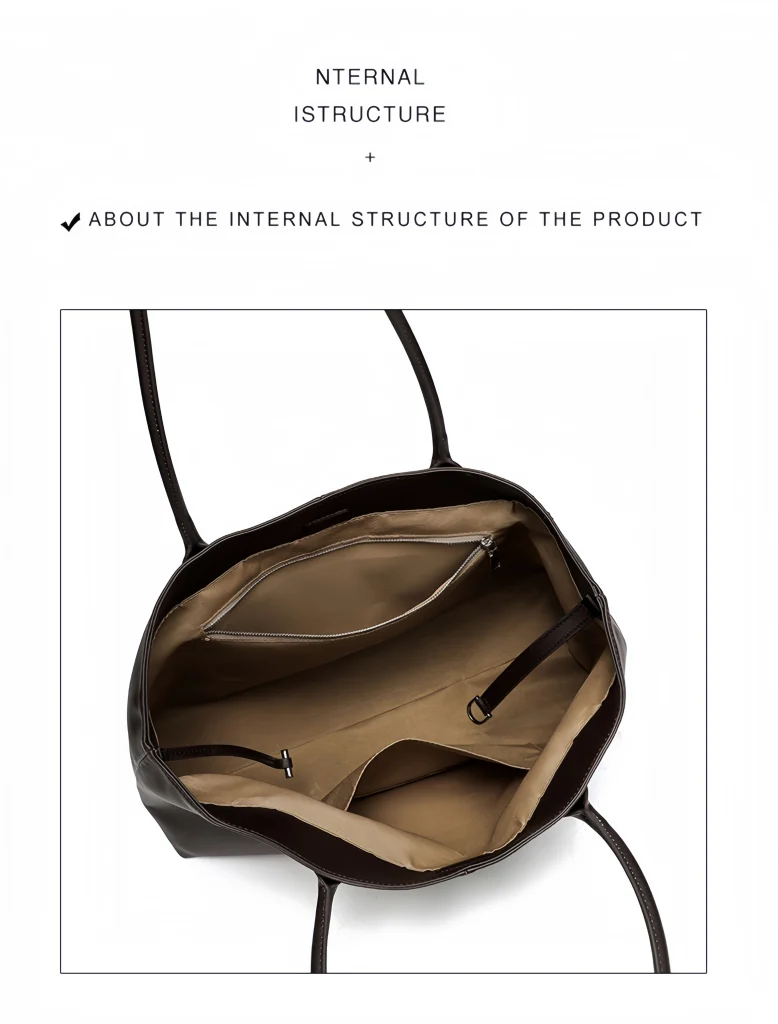 Inner structure of women brown leather tote bag, large main compartment with inner zipper pocket