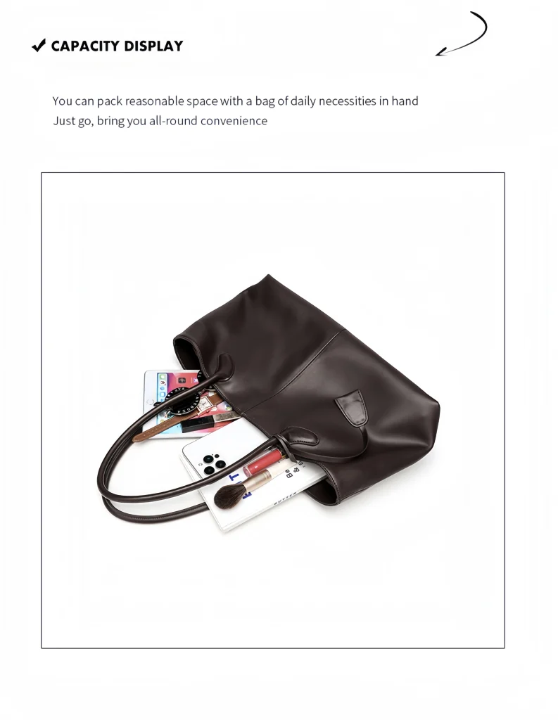 Capacity display of large brown tote bag, put smartphone, makeup, notebook inside the soft leather shoulder bag