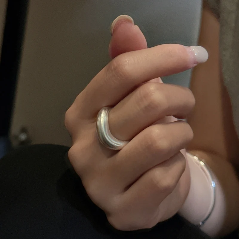 Matte brushed chunky silver open ring worn on finger, minimalist S925 sterling silver cuff ring for women