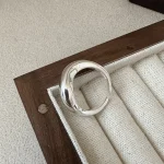 Polished S925 sterling silver irregular open ring, chunky curved cuff ring in wooden jewelry tray