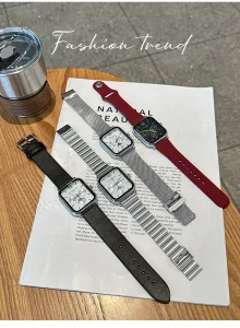 LEONA ROSA LIND women square moonphase watch, casual office style with white blouse, silver bracelet and minimalist dial