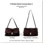 Dark brown leather handbag shown in multiple stylish carrying styles including handheld and single shoulder crossbody, demonstrating versatile design for everyday wear