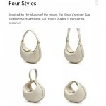 Cream genuine leather crescent hobo bag shown in four different style views displaying front side top and underarm carry angles with gold tone hardware detail