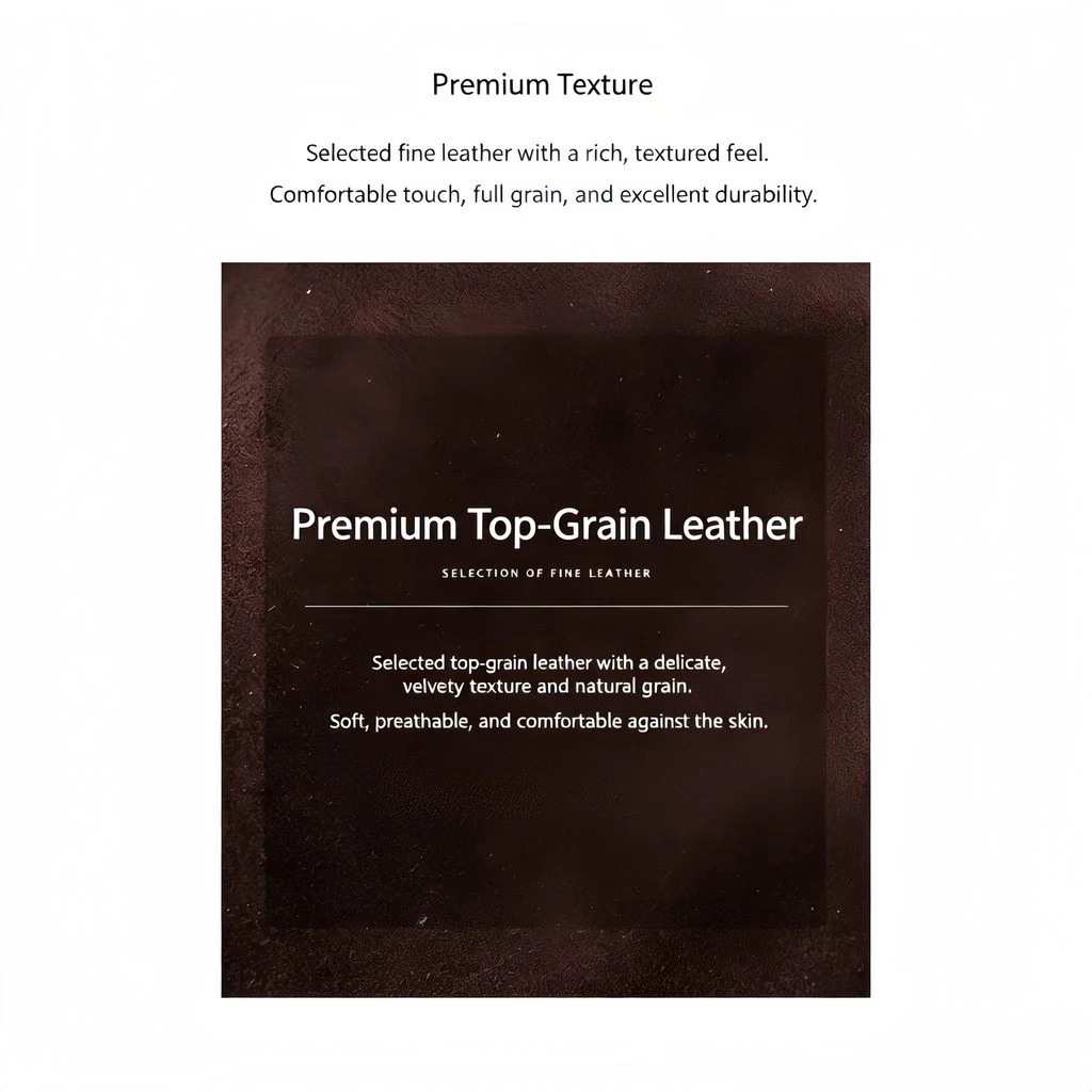 Premium top-grain leather texture close-up showing rich coffee brown color with natural grain patterns and velvety napped surface, demonstrating material quality and fine craftsmanship