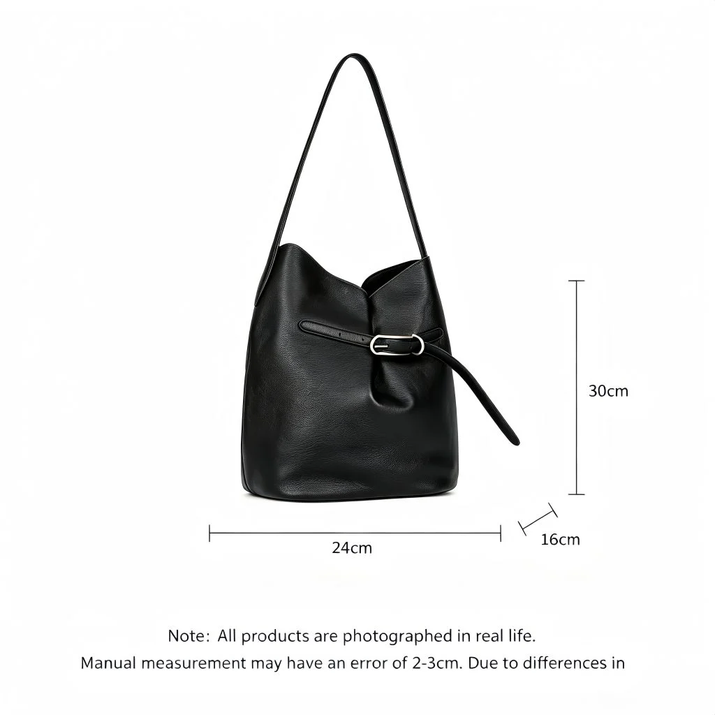 Size dimension diagram for oversized top‑grain cowhide bucket shoulder bag