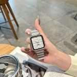 LEONA ROSA LIND watch case detail, polished silver square case with high hardness mineral glass and precise crown design