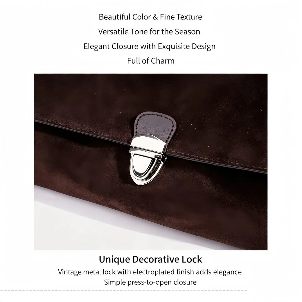 Unique decorative vintage push-lock clasp close-up on coffee brown leather shoulder bag, featuring silver electroplated finish with shield-shaped press-to-open mechanism and reinforced edge stitching on leather tab