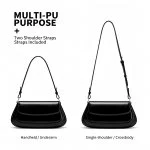 Black genuine leather saddle bag shown in two versatile carrying styles with adjustable strap configuration, demonstrating shoulder carry with shorter strap and crossbody carry with extended strap, silver-tone hardware detail