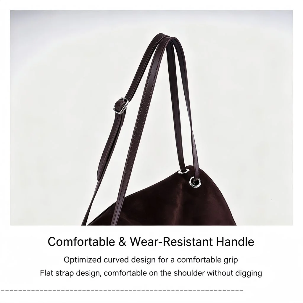 Comfortable wear-resistant handle close-up of coffee brown leather shoulder bag, showing flat strap design with optimized curved shape and silver metal ring hardware attachment