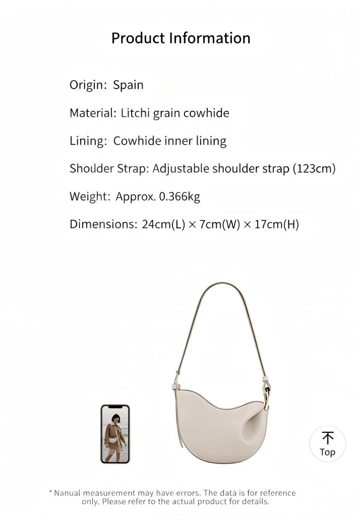 Genuine leather pea hobo bag product specification dimension chart