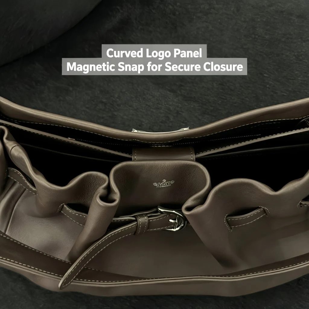 Top‑down interior view of navy genuine leather hobo tote bag, showing inner compartments and magnetic snap closure