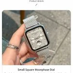 LEONA ROSA LIND moonphase watch close up, women square white dial with sun moon stars sub-dials and classic three-hand design