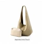 Beige top-grain leather tote bag shown with separate inner pouch accessory, demonstrating practical storage solution with detachable compartment for organized everyday carry