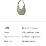 Sage green genuine leather crescent hobo bag product information card showing dimensions specifications and color detail with gold tone hardware