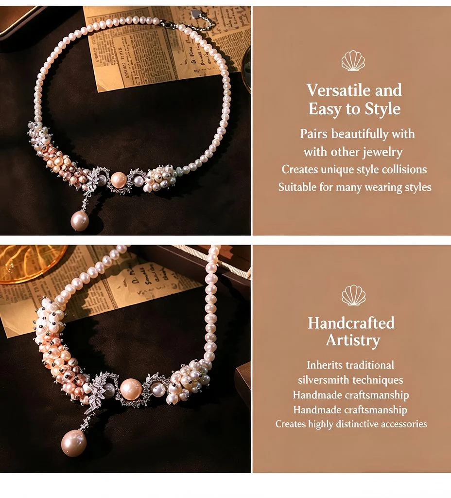 Flat lay product photo of Natural White Purple Pearl Snake Flower Vine Zircon Necklace, handmade jewelry display