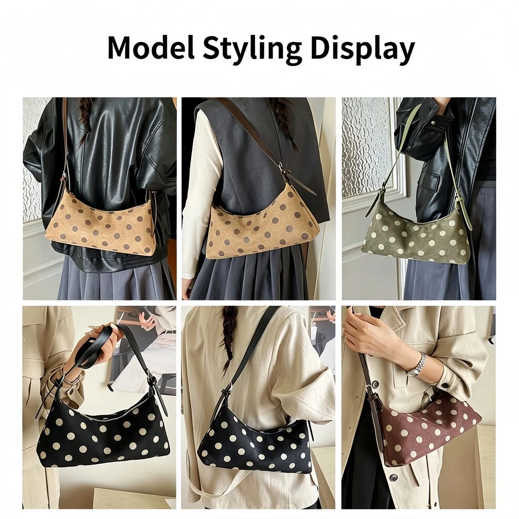 Polka dot suede hobo bags hanging in four colors - black, coffee brown, olive green, beige display