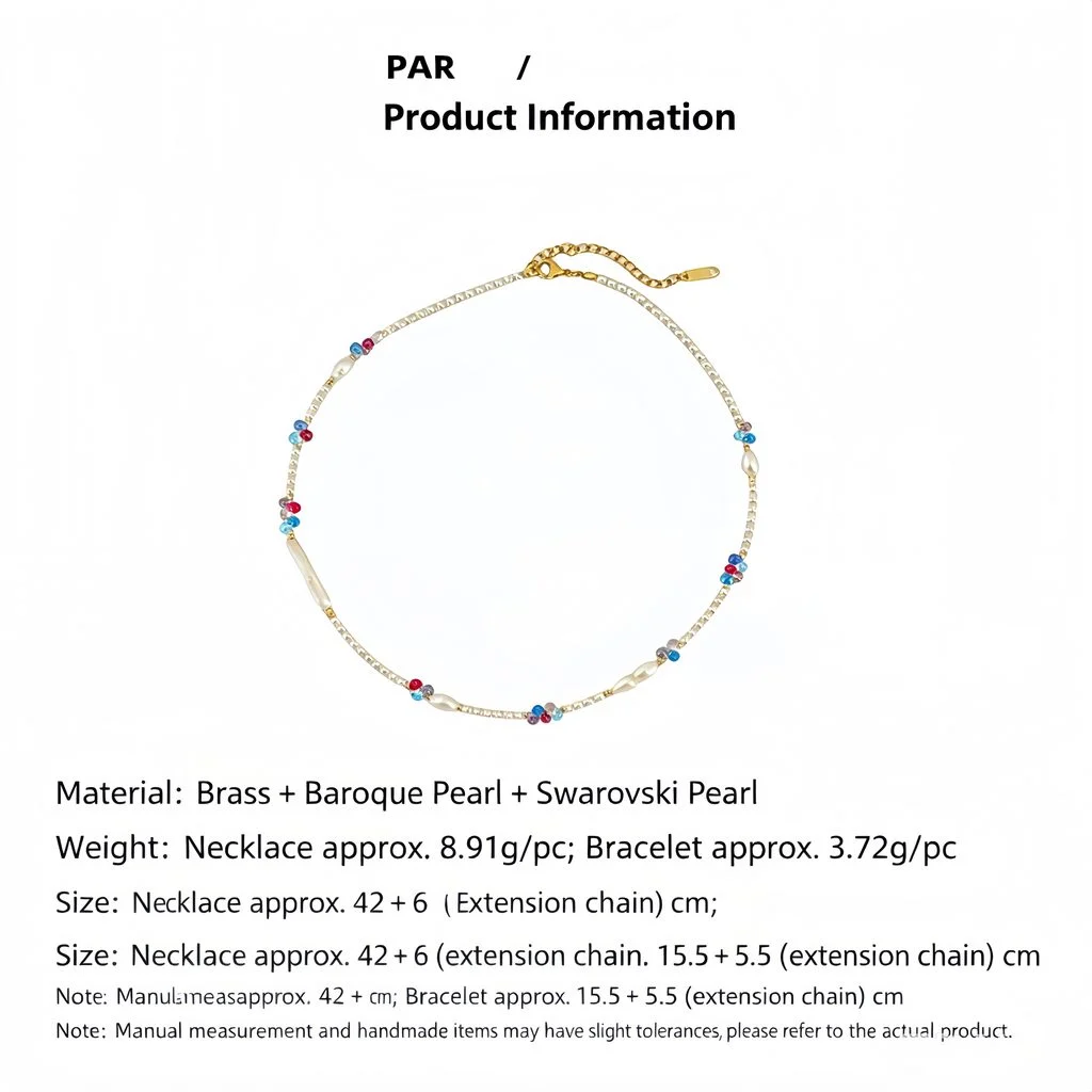 Dopamine freshwater pearl and colorful crystal beaded necklace and bracelet set on clean white background, showing small round pearls, baroque and biwa freshwater pearls, cobalt blue ruby red and soft pink crystal bead clusters, and gold-toned clasp and extension chain hardware by MAISON ELARA & CO