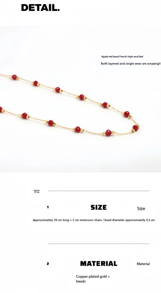 Flat lay product photo of dainty gold tone red agate station choker necklace on white background
