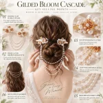 Infographic introducing features of Gilded Bloom cascade double clip, floral pearl bridal hair accessory