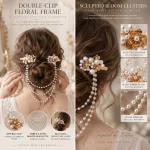 Collage showing structure, flower details and pearl chain of Gilded Bloom cascade double hair clip