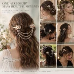 Collage showing multiple occasions for Gilded Bloom cascade hair clip: wedding, prom, party, portrait