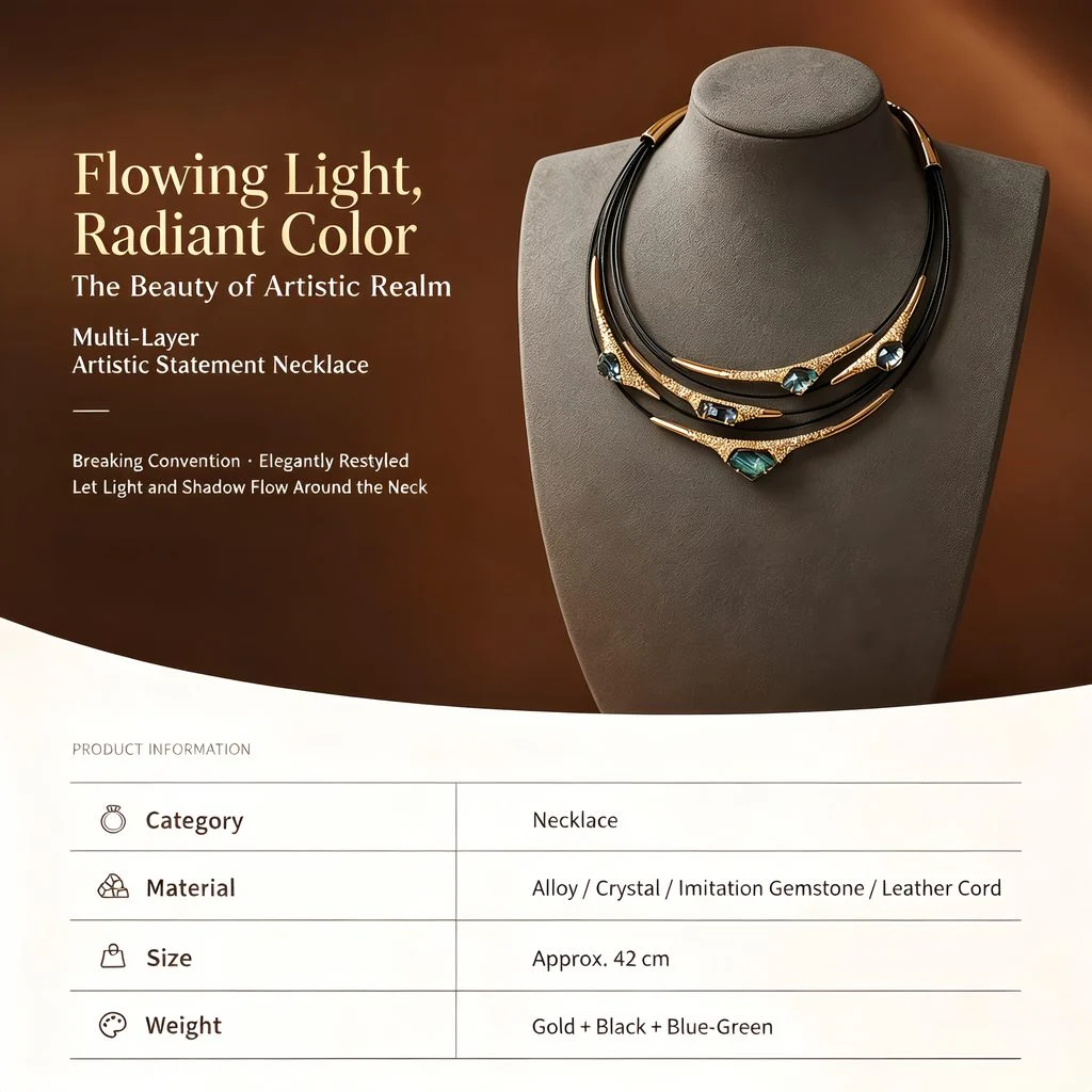 Multi-layer artistic statement necklace product advertisement showing Flowing Light Radiant Color theme, featuring iridescent blue-green mother-of-pearl gemstones, pavé-set crystals, and gold-toned hammered metal bars on black leather cord with product specifications by MAISON ELARA & CO