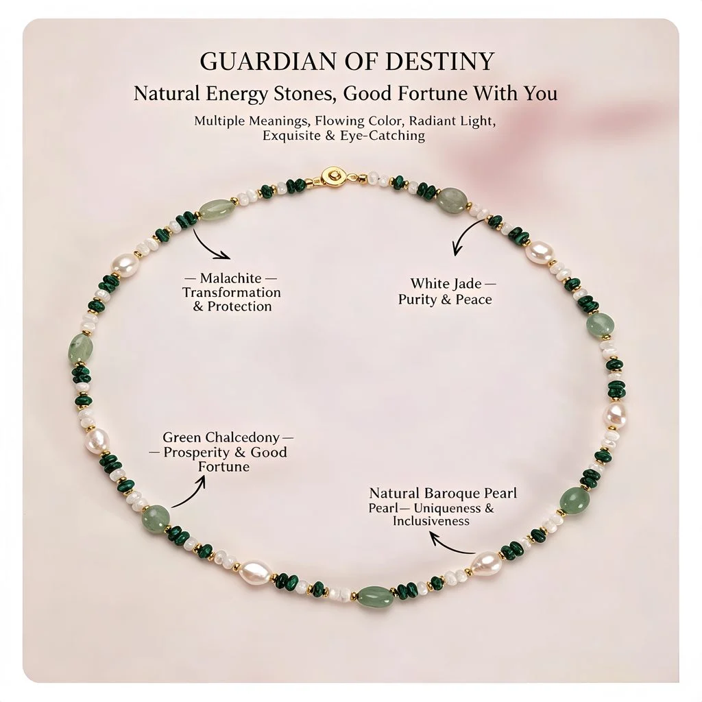 Model wearing natural freshwater pearl and crystal beaded necklace and bracelet set, showing coordinated baroque pearls, malachite, aventurine, and 18K gold-plated design in lifestyle fashion portrait by MAISON ELARA & CO