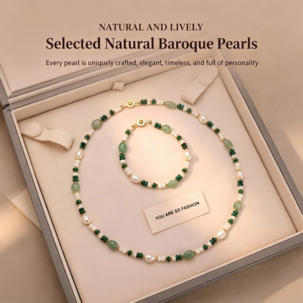 Close-up of natural freshwater pearl and crystal beaded bracelet with PAT clasp detail, showing 6-7mm baroque pearls, malachite chips, aventurine ovals, white seed beads, and 18K gold-plated hardware and clasp mechanism by MAISON ELARA & CO
