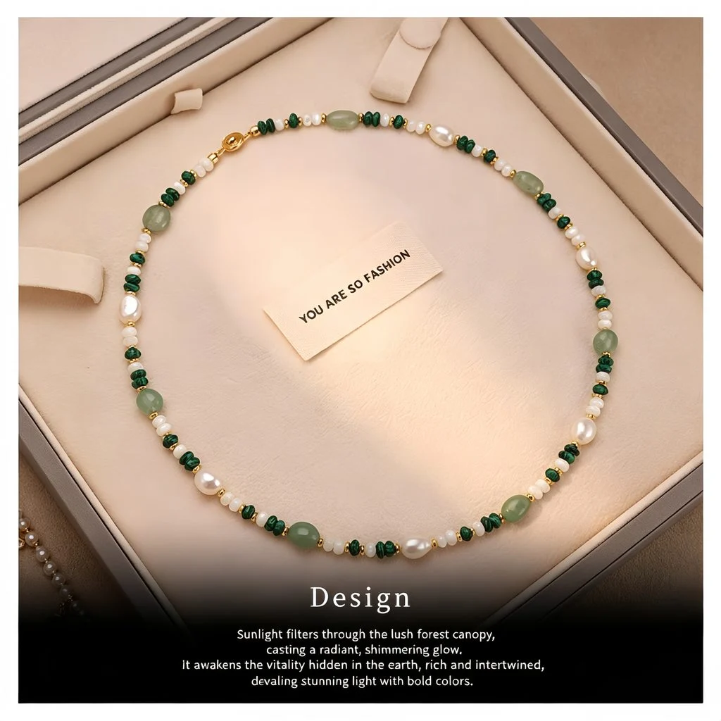 Lifestyle fashion portrait of model wearing natural freshwater pearl and crystal beaded necklace with baroque pearls, malachite, aventurine, and 18K gold-plated beads at collarbone length by MAISON ELARA & CO
