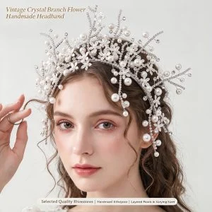 Closeup portrait of bride with pearl flower wedding headband, delicate bridal makeup