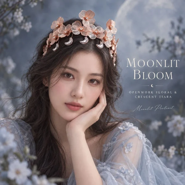 Bride wearing Moonlit Bloom floral crescent tiara, rose gold openwork flower moon bridal crown, moonlit wedding portrait