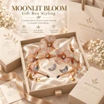 Moonlit Bloom floral crescent tiara placed inside elegant gift box, rose gold bridal crown flat lay packaging shot