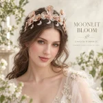 Model with loose curls wearing Moonlit Bloom floral moon tiara, garden romance bridal hairstyle