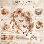 Infographic for Moonlit Bloom floral crescent tiara, showing openwork petals, moon rhinestone details, size and craft