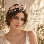 Bride with textured updo wearing Moonlit Bloom floral moon tiara, vintage botanical bridal headpiece