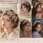Collage showing multi occasions for Moonlit Bloom tiara: wedding, engagement, garden event, evening party and photo shoot