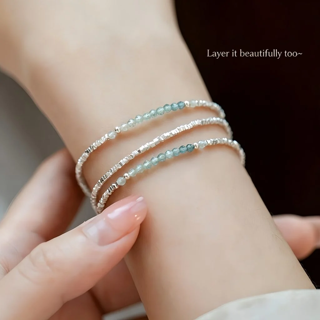 Stacked dainty gemstone bracelets, gradient tourmaline silver bracelet layered with fine silver jewelry