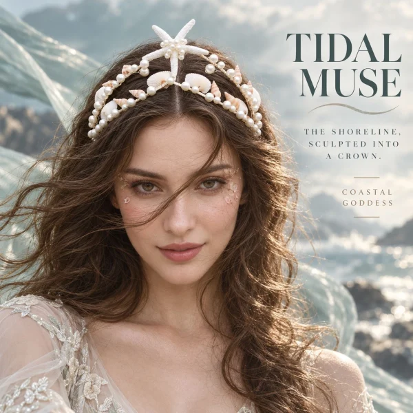 Bride with wavy hair wearing starfish shell pearl bridal crown on beach background, coastal wedding look