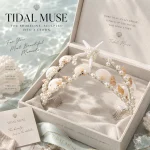 Starfish shell pearl bridal crown placed inside elegant gift box with greeting card and ribbon