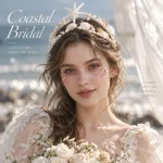 Coastal bride holding white flower bouquet with starfish shell pearl crown by the sea